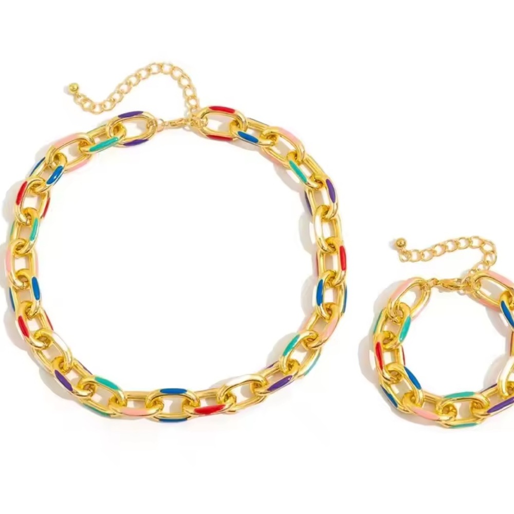 New! Womenâs Free People Multicolor Gold Chain Necklace And Bracelet Set